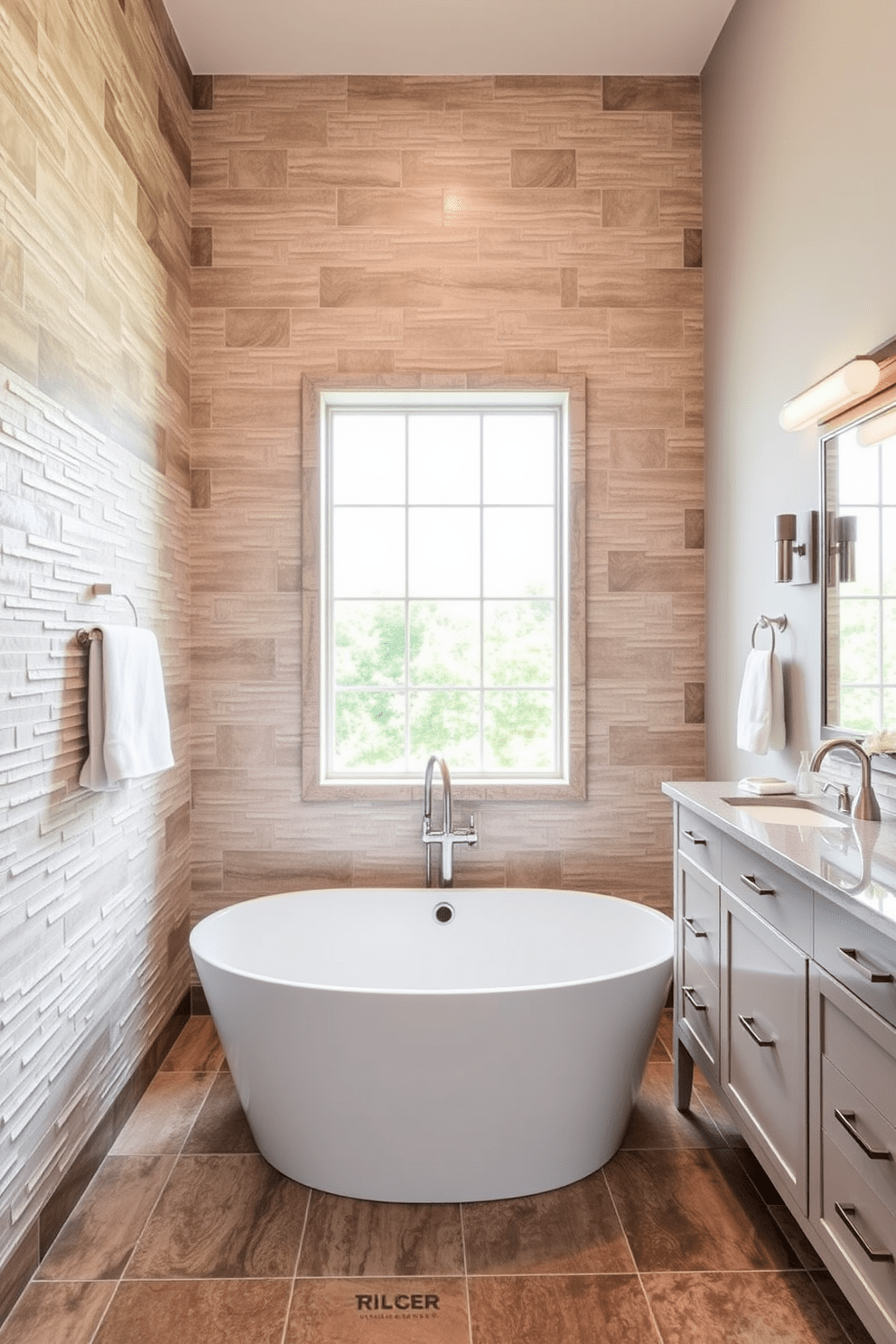 A luxury master bathroom featuring textured wall tiles that create a stunning visual interest. The space includes a freestanding soaking tub positioned under a large window, allowing natural light to flood the room. Soft lighting fixtures are strategically placed to highlight the textures and materials used throughout. A double vanity with elegant fixtures complements the overall design, offering both functionality and style.