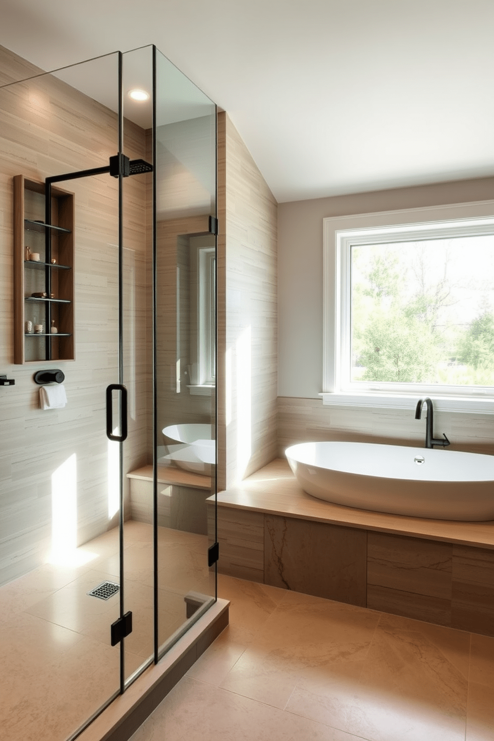 A luxurious master bathroom features a glass-enclosed shower with sleek lines and a built-in stone bench. The space is adorned with elegant fixtures and soft ambient lighting, creating a serene atmosphere. The walls are covered in textured tiles that complement the natural stone elements. A freestanding soaking tub sits gracefully under a large window, offering a peaceful view of the outdoors.