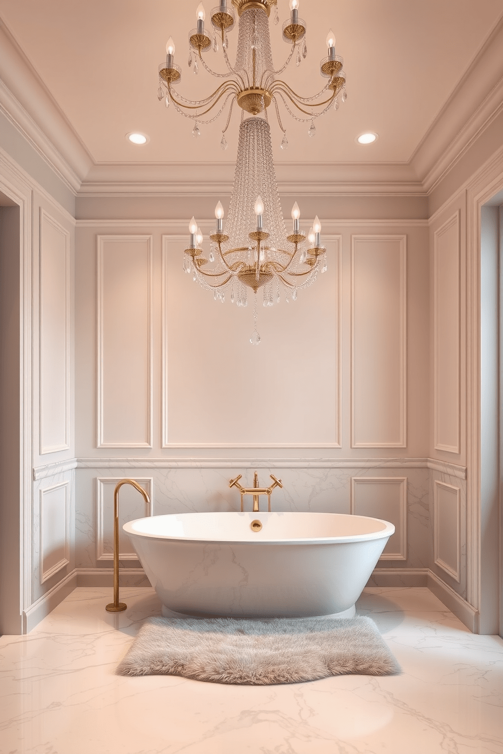 A luxurious chandelier hangs gracefully above a freestanding soaking tub, casting a warm glow across the elegant space. The tub is surrounded by marble tiles that extend to the floor, creating a seamless and opulent look. The walls are adorned with soft, neutral tones, complemented by gold accents and fixtures. A plush area rug lies beneath the tub, adding comfort and sophistication to the luxury master bathroom design.