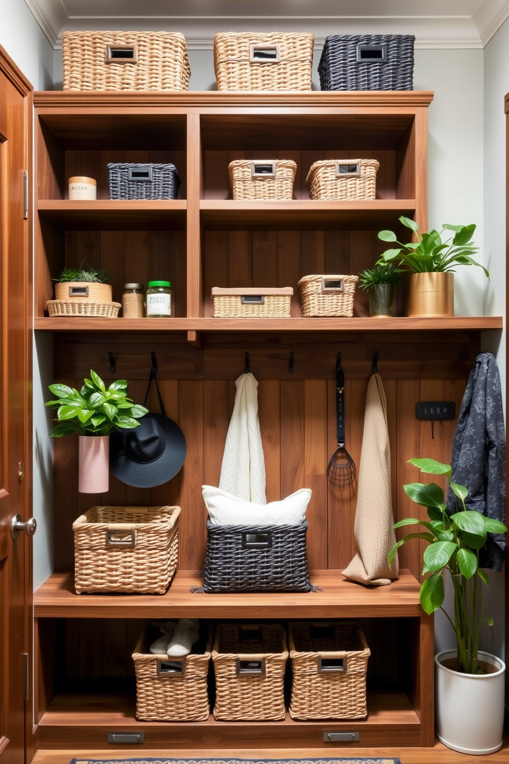 A luxury mudroom features open shelving that showcases decorative storage solutions. The shelves are crafted from reclaimed wood and adorned with stylish baskets and potted plants, creating a warm and inviting atmosphere.