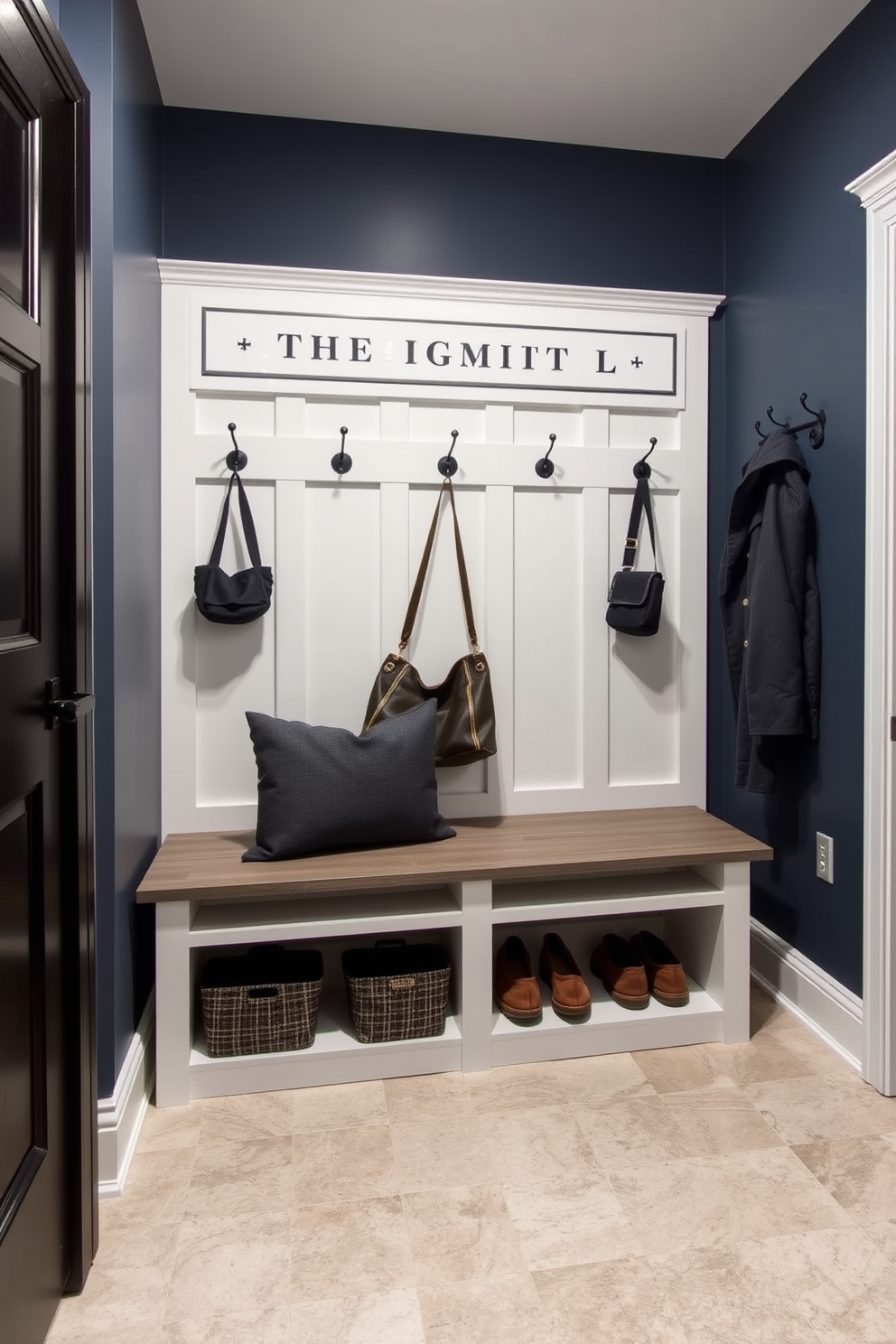 Create a personalized mudroom design featuring a stylish bench with built-in storage underneath. The walls are adorned with custom signage that reflects the family’s personality, and there are hooks for coats and bags in a chic arrangement. Incorporate a color palette of soft grays and deep blues for a sophisticated yet welcoming atmosphere. The flooring should be durable and easy to clean, such as large-format tiles with a subtle texture to enhance the space's functionality.