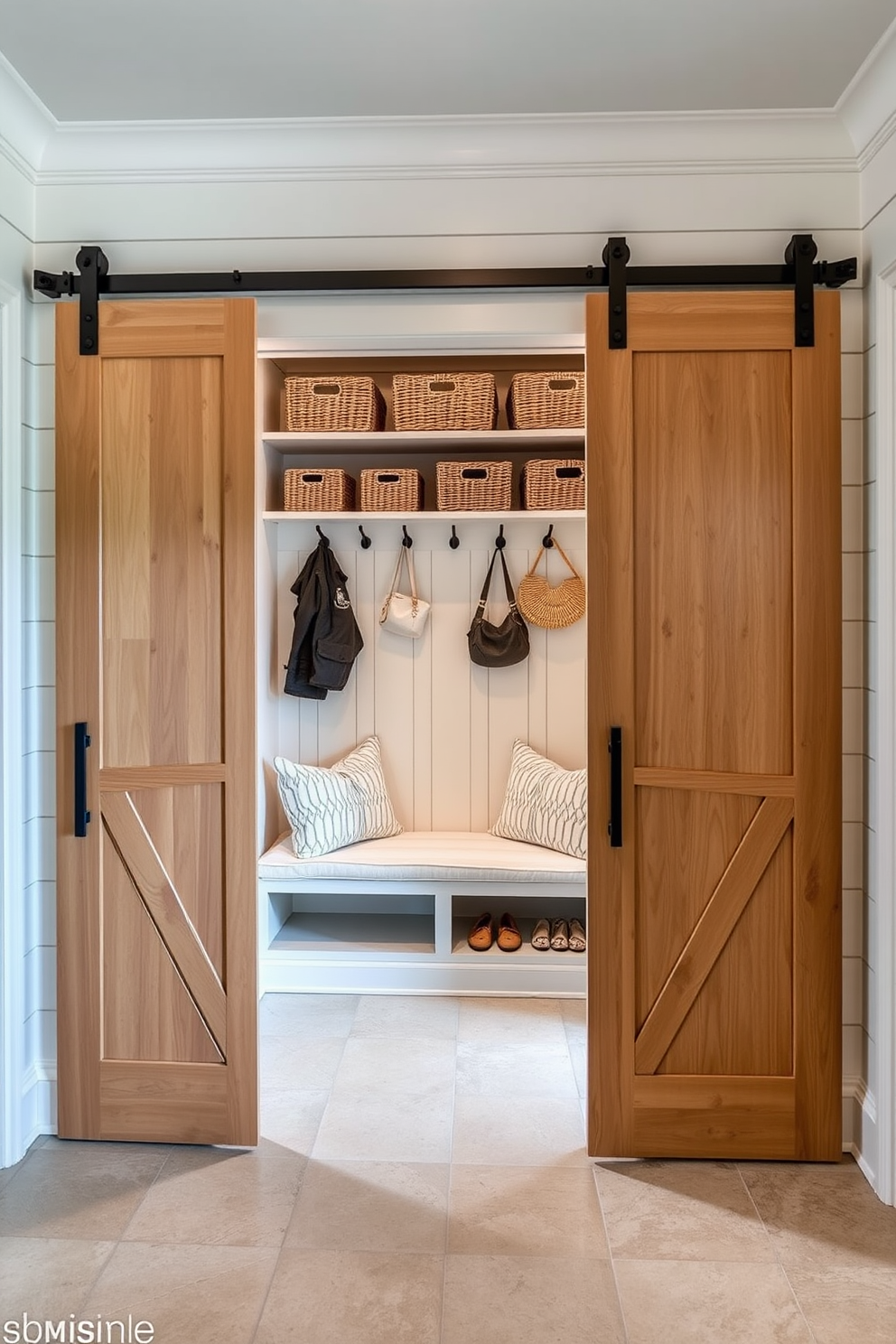 A luxurious mudroom features sliding barn doors that open to reveal a spacious area for storage and organization. The walls are adorned with elegant shiplap, and the floor is covered with durable, stylish tile that complements the overall design. Inside, a built-in bench with plush cushions offers a comfortable spot to sit while removing shoes. Above the bench, there are hooks for coats and bags, and decorative baskets are neatly arranged on shelves for added functionality.