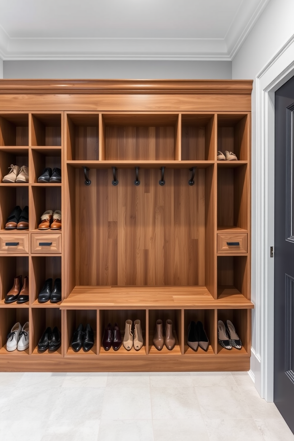 A luxury mudroom features elegant cubbies designed for organized shoe storage solutions. Each cubby is crafted from high-quality wood and is spacious enough to accommodate various shoe sizes while maintaining a clean aesthetic.