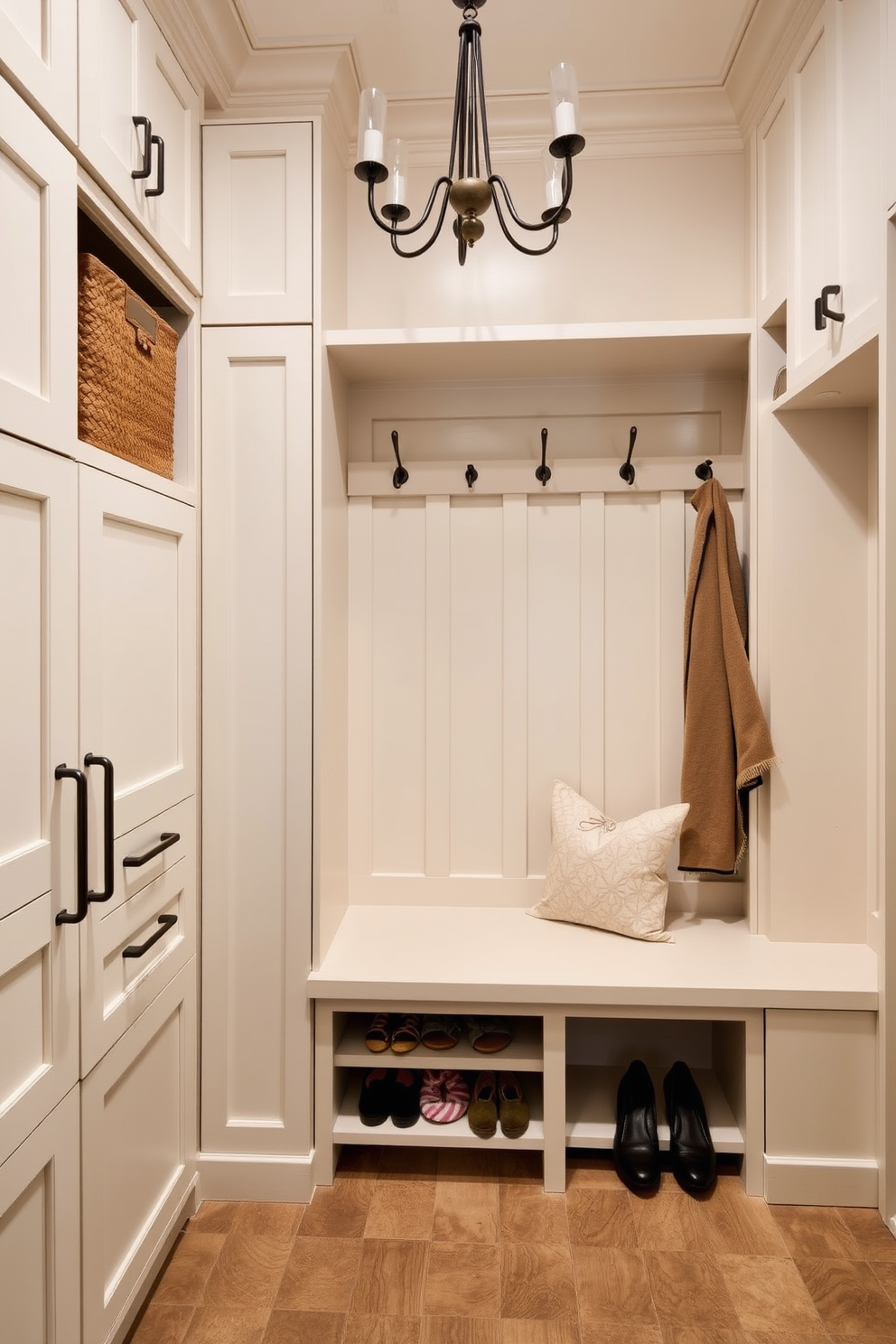 Innovative hidden storage solutions transform a luxury mudroom into a highly functional space. Custom cabinetry blends seamlessly with the walls, featuring pull-out drawers and concealed compartments to keep clutter at bay. A spacious bench with built-in storage underneath provides a practical seating area for putting on shoes. Elegant hooks and shelving above offer additional organization while maintaining a sophisticated aesthetic.