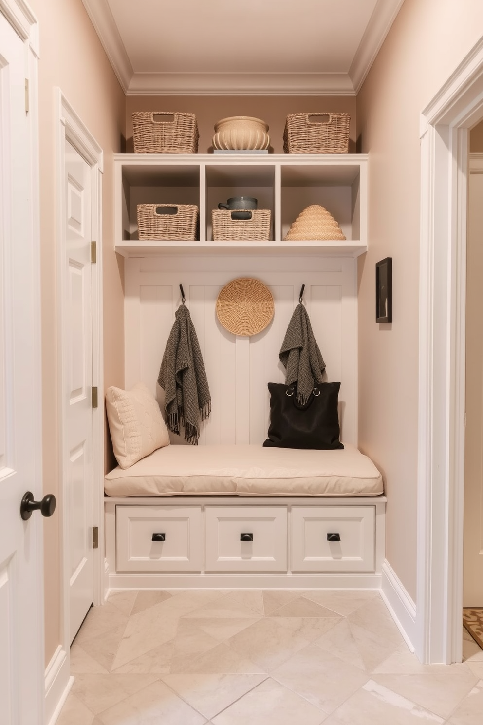 A serene mudroom setting featuring a neutral color palette. The walls are painted in soft beige, complemented by a light gray tile floor that adds warmth and elegance. A spacious built-in bench with plush cushions offers comfort and style. Above the bench, open shelving displays neatly arranged baskets and decorative accents, creating an organized yet inviting space.