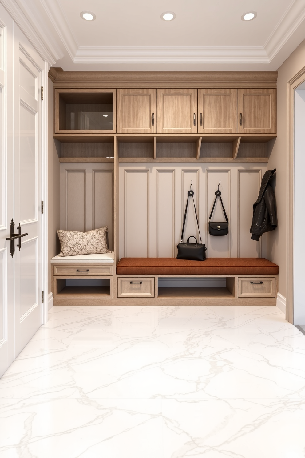 Elegant marble flooring for a luxurious feel. The space features large white marble tiles with subtle gray veining, creating a clean and sophisticated look. Luxury mudroom design ideas. The mudroom includes custom built-in cabinetry with ample storage, a stylish bench for seating, and decorative hooks for coats and bags.