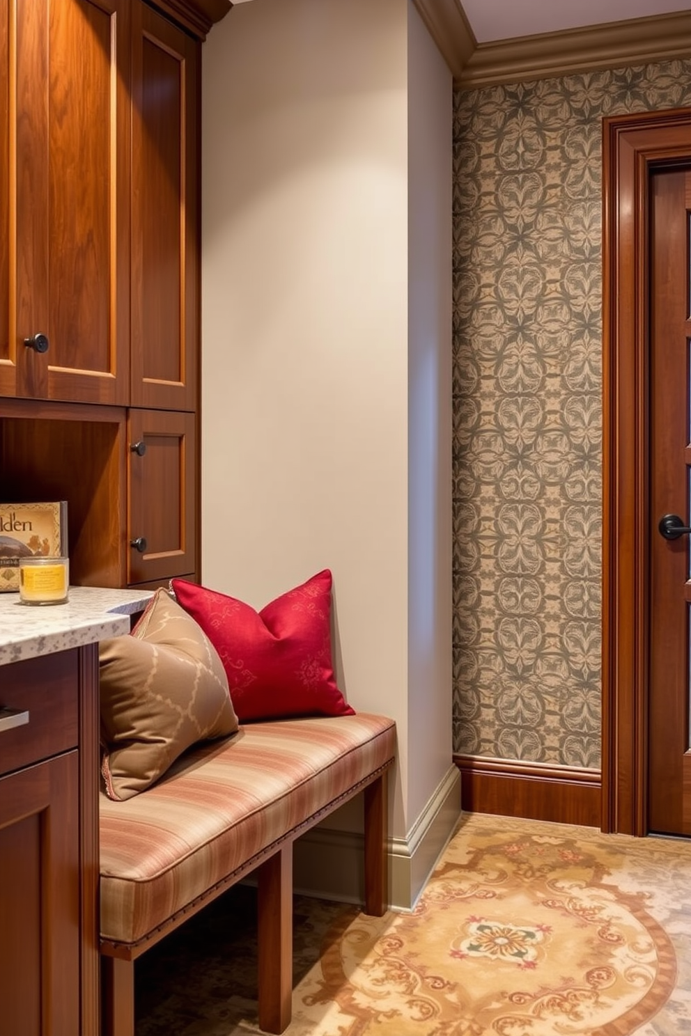 Artistic tile backsplash for a focal point. The backsplash features intricate geometric patterns in vibrant colors that draw the eye and enhance the overall aesthetic of the kitchen. Luxury mudroom design ideas. The mudroom showcases custom built-in cabinetry with ample storage, paired with a stylish bench upholstered in a rich fabric for added comfort and elegance.