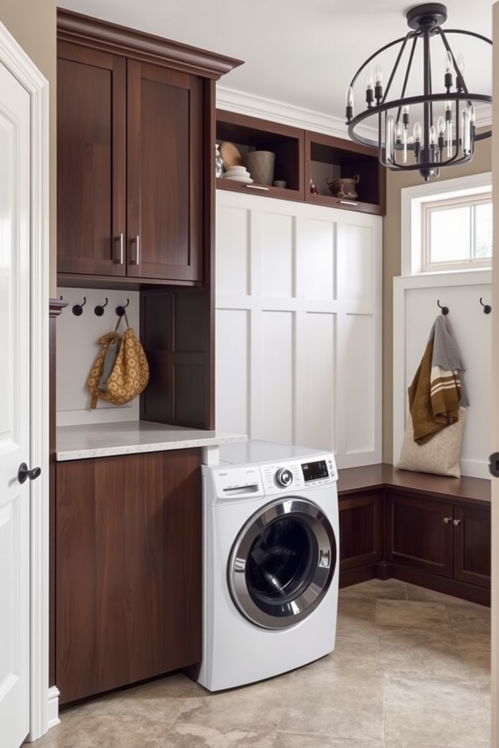 A functional laundry area with stylish appliances. The space features a sleek washer and dryer set in a modern finish, complemented by custom cabinetry for storage. Luxury mudroom design ideas include a spacious layout with built-in benches and hooks for organization. The flooring showcases durable tiles, while decorative elements like a statement light fixture add elegance.