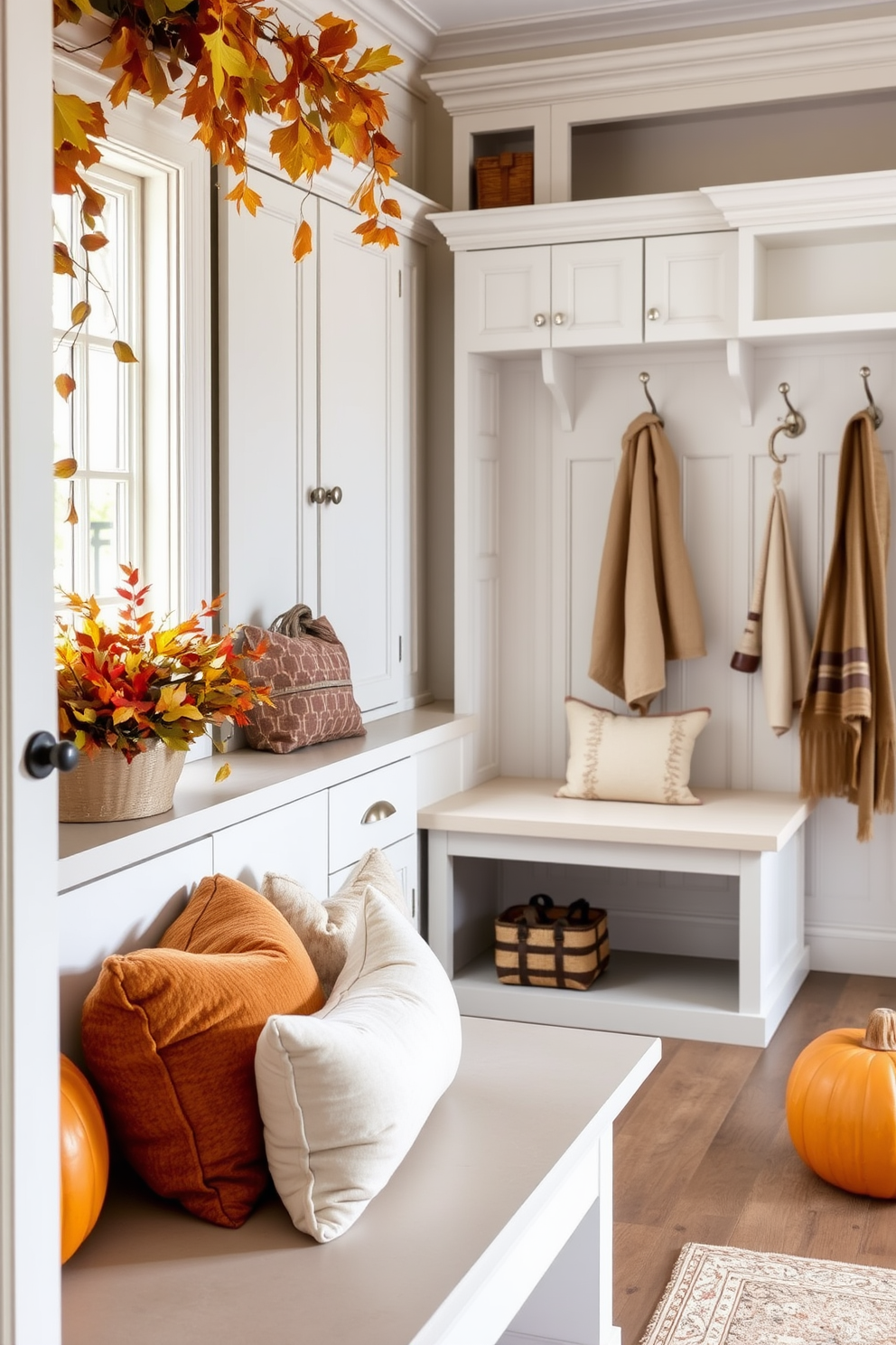 Seasonal decor displays for a welcoming vibe. Imagine a cozy entryway adorned with autumn leaves and pumpkins, complemented by warm-toned throw pillows on a bench. Luxury mudroom design ideas. Visualize a spacious mudroom featuring custom cabinetry, a stylish bench with plush cushions, and elegant hooks for coats, all in a soothing color palette.