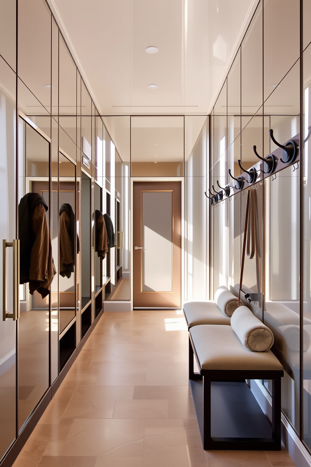 A luxurious mudroom features mirrored walls that reflect natural light, creating an airy and spacious feel. The design includes built-in storage benches, elegant hooks for coats, and a sleek tile floor that complements the overall aesthetic.