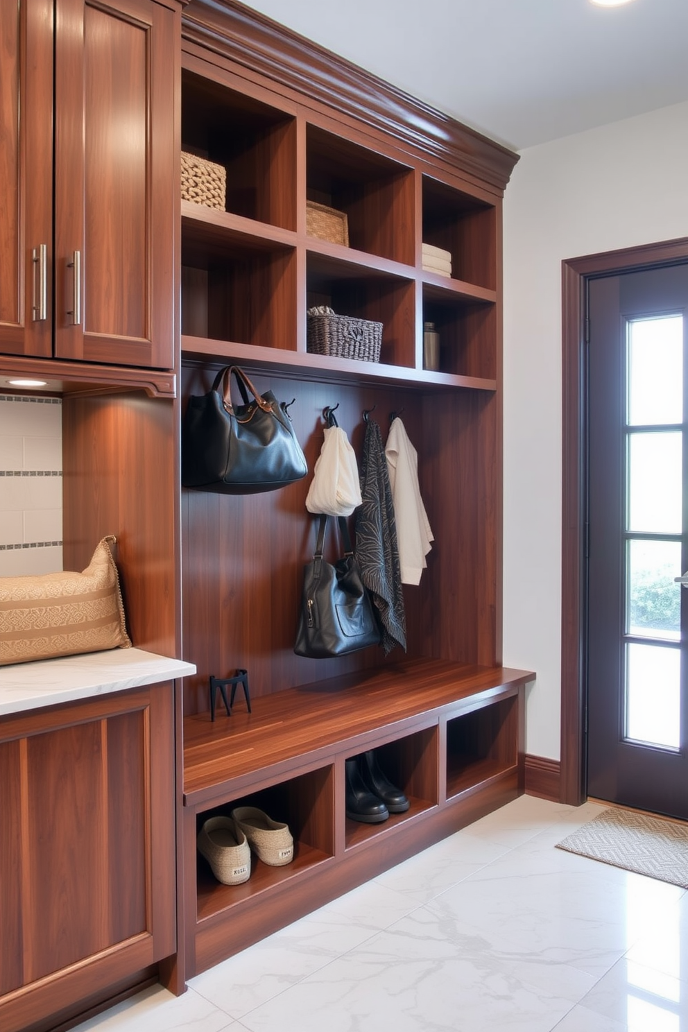 A luxury mudroom featuring stylish hooks for bags and accessories. The space is designed with a combination of rich wood cabinetry and elegant tile flooring, creating a welcoming atmosphere.