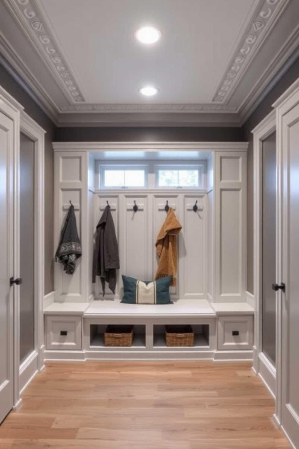 Elegant crown molding for a finished look. The crown molding features intricate details that enhance the height of the room and add a touch of sophistication. Luxury mudroom design ideas. The mudroom includes custom built-in storage solutions with a bench for seating and hooks for coats, all designed in a cohesive color palette.