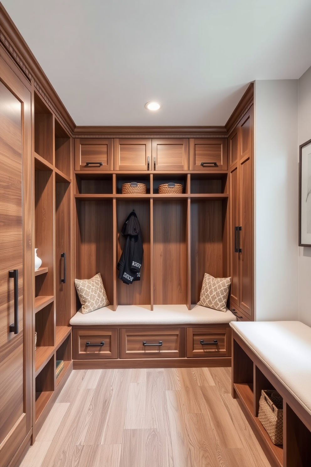 A luxurious mudroom design featuring natural wood accents that provide warmth and texture. The space includes built-in storage benches with plush cushions and a combination of open shelving and closed cabinets for organization.