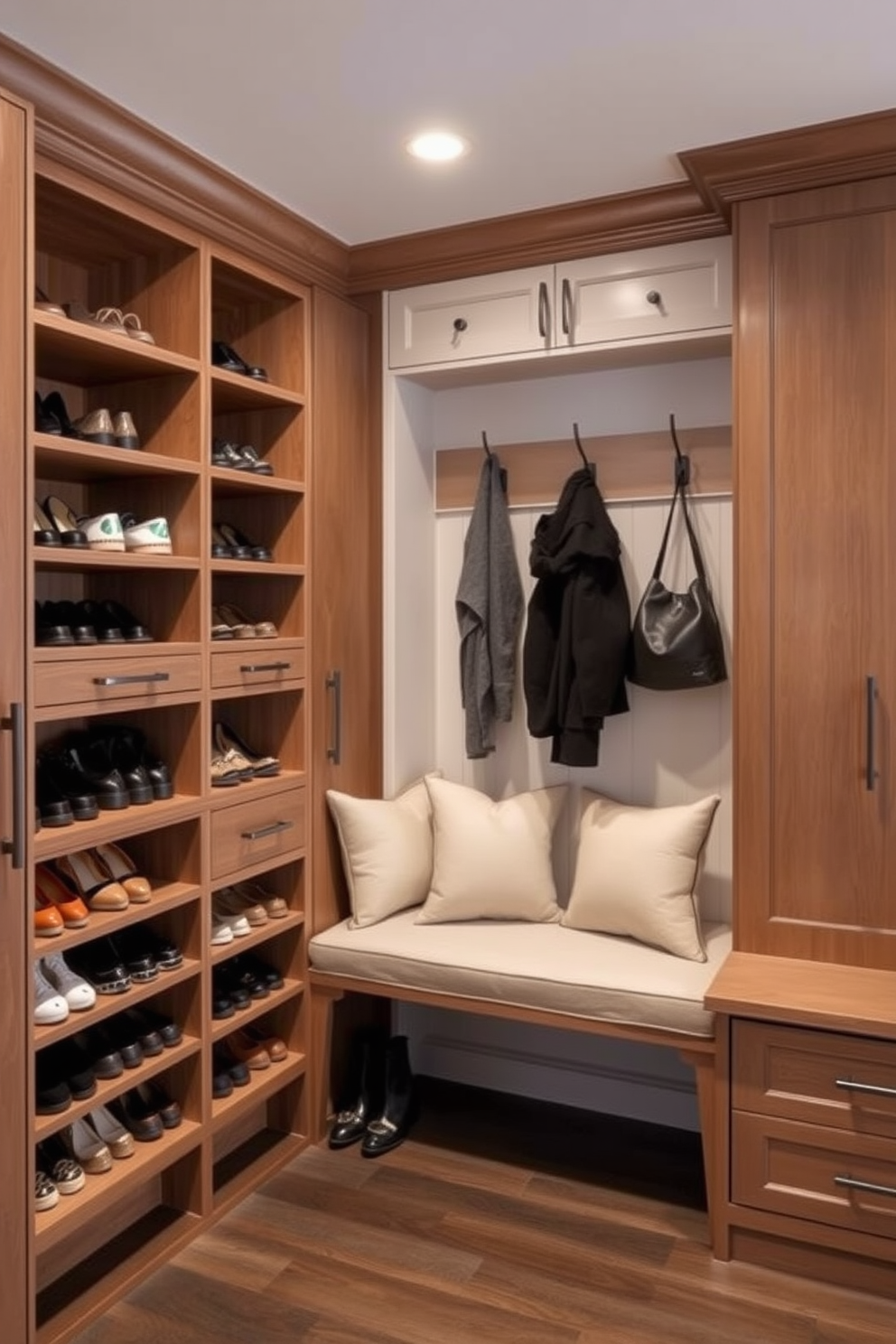 Custom shoe racks for easy organization. The racks are designed with a mix of open shelving and closed compartments to accommodate various shoe styles. Luxury mudroom design ideas. The space features elegant cabinetry, a built-in bench with plush cushions, and stylish hooks for coats and bags.