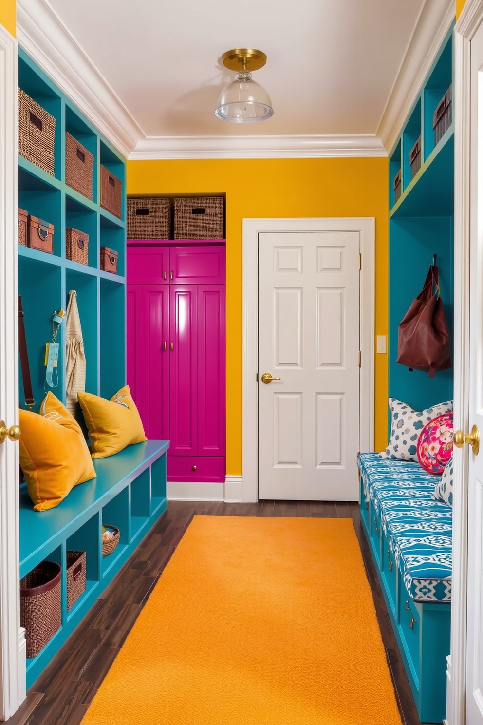 A luxury mudroom features bright accent colors that create a lively and inviting atmosphere. The space includes a combination of vibrant storage solutions and stylish seating to enhance functionality and aesthetics.