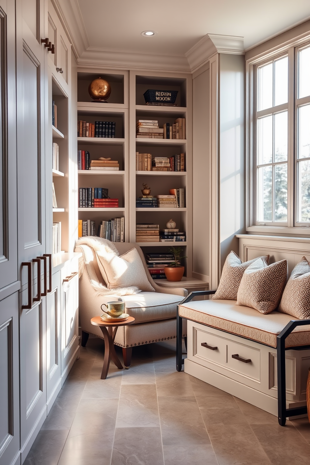 Cozy reading nook with natural light. A plush armchair is positioned by a large window, allowing sunlight to flood the space. Surrounding the chair are built-in bookshelves filled with books and decorative items. A soft throw blanket and a small side table with a steaming cup of tea complete the inviting atmosphere. Luxury mudroom design ideas. The space features custom cabinetry with ample storage for shoes and coats, accented by elegant hardware. A stylish bench with plush cushions provides a comfortable spot to sit, while large tiles in a neutral tone enhance the room's sophistication.