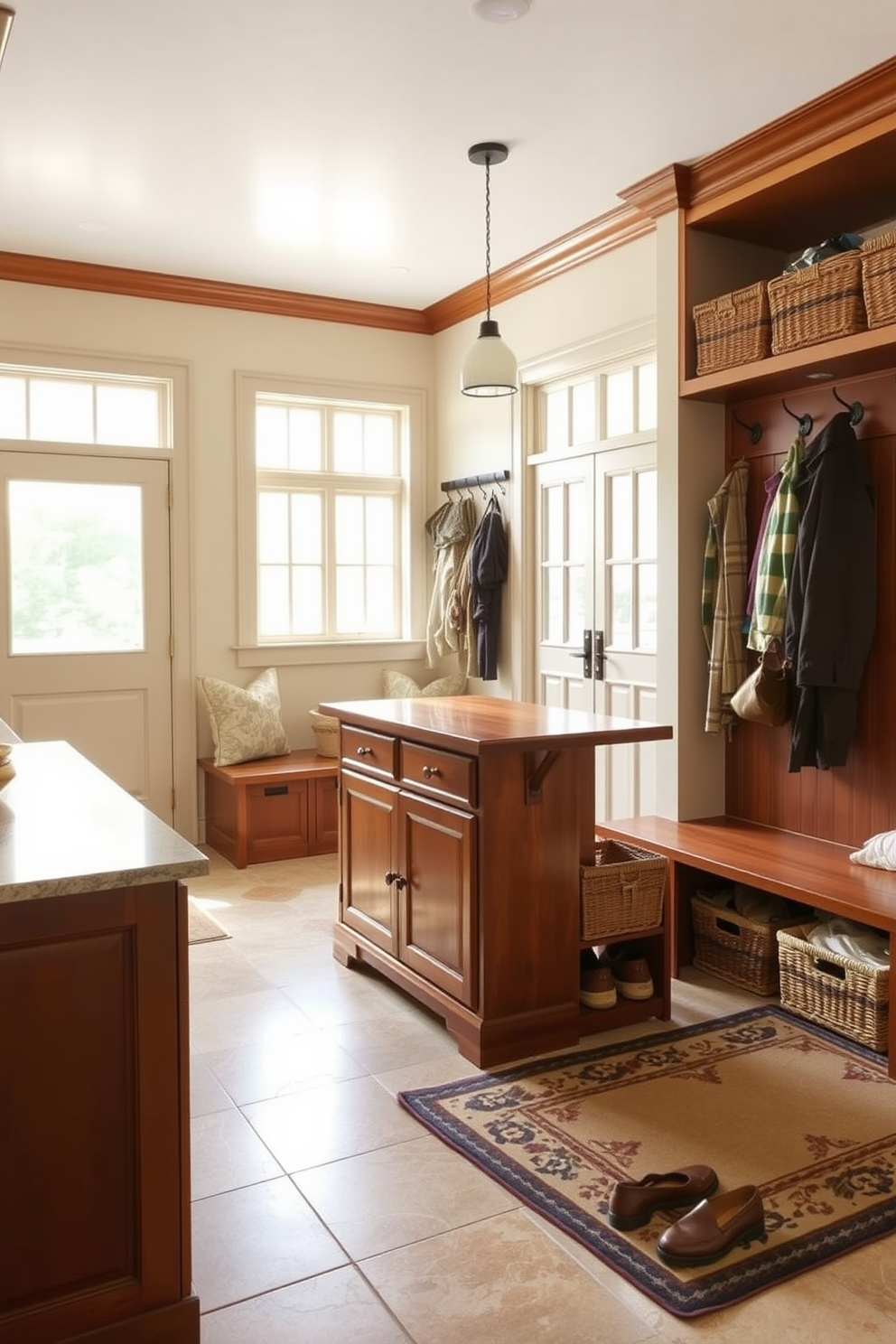 A spacious mudroom island features ample counter space with a rich wood finish. The island is complemented by built-in storage benches and hooks for coats, creating an organized and inviting entryway. Natural light floods the room through large windows, illuminating the elegant tile flooring. A stylish area rug adds warmth, while decorative baskets are neatly arranged for easy access to shoes and accessories.