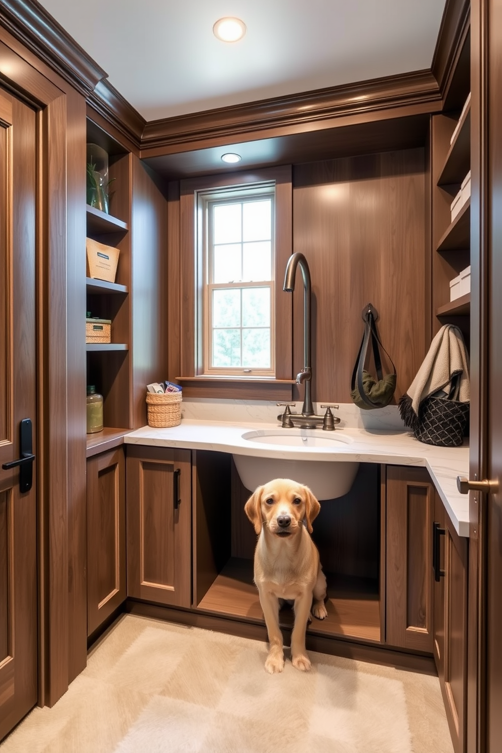 A luxury mudroom design featuring an integrated pet washing station for convenience. The space includes built-in cabinetry with ample storage for pet supplies and outdoor gear. The washing station is equipped with a stylish sink and a detachable shower head, making it easy to clean pets after outdoor adventures. Soft, durable flooring complements the design, ensuring both functionality and aesthetic appeal.