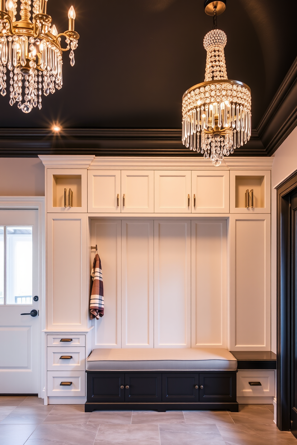 High-end lighting fixtures for ambiance. Elegant chandeliers with crystal accents hang from the ceiling, casting a warm glow throughout the space. Luxury Mudroom Design Ideas. Custom built-in storage with sleek cabinetry and a stylish bench creates an organized and inviting entryway.