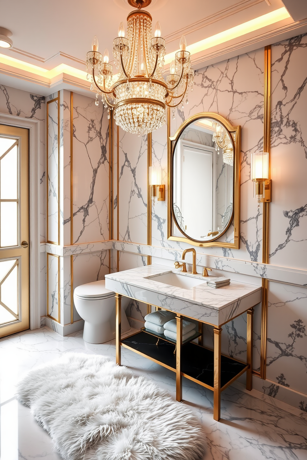 Elegant marble vanity with gold accents. The powder room features a stunning chandelier that adds a touch of glamour. Soft ambient lighting highlights the intricate details of the marble. A plush area rug complements the elegant design and adds warmth to the space.