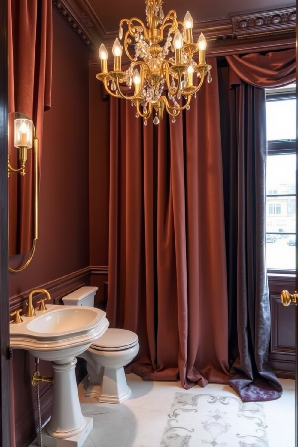 A luxurious powder room featuring sumptuous velvet curtains that drape elegantly from the ceiling to the floor. The walls are adorned with a rich, deep color, complemented by opulent gold fixtures and a chic chandelier overhead.