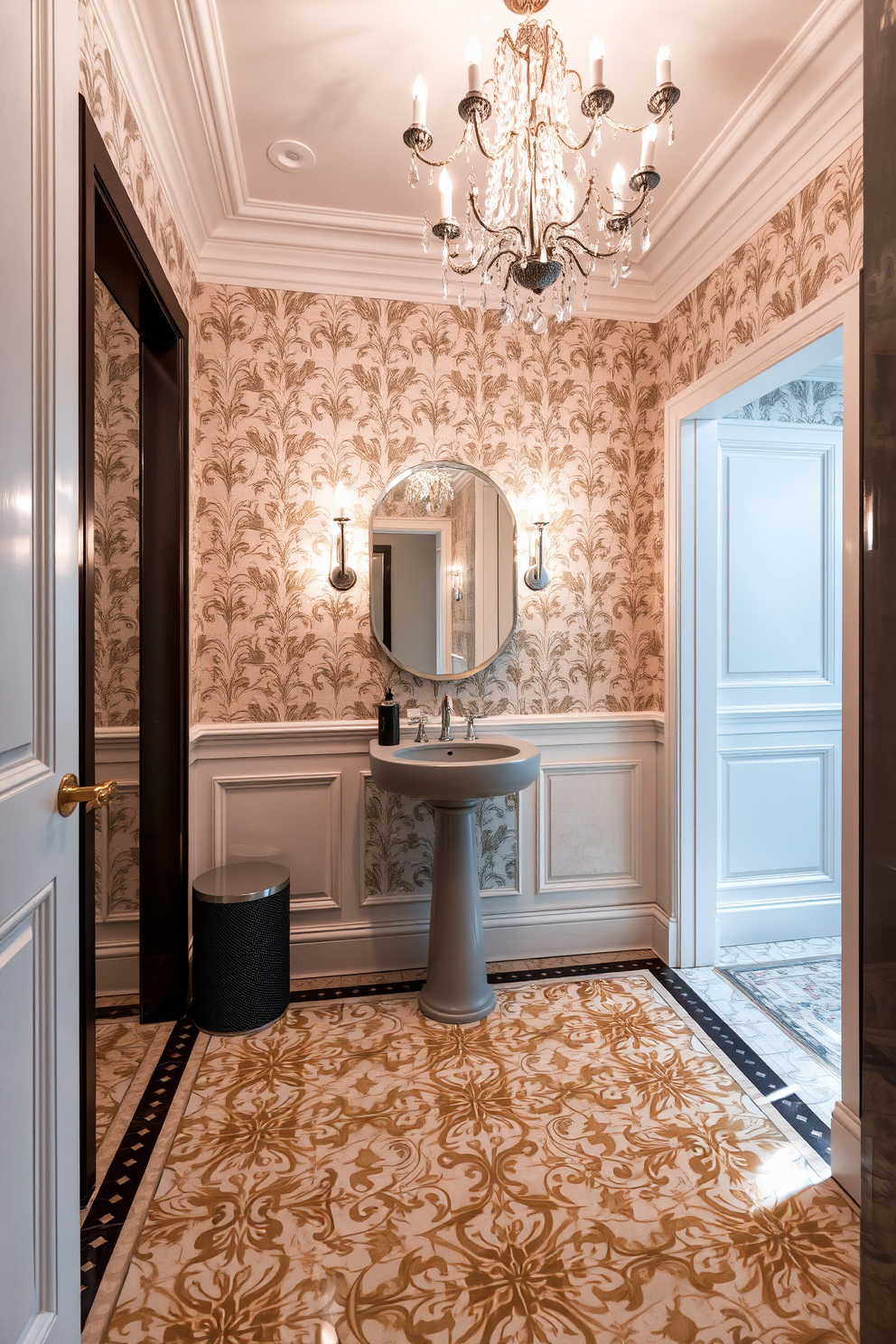 A luxury powder room featuring intricate tile work on the floor. The walls are adorned with elegant wallpaper and complemented by a stunning chandelier overhead. A sleek pedestal sink is positioned against one wall, with a stylish mirror above it. Soft ambient lighting enhances the overall sophistication of the space.