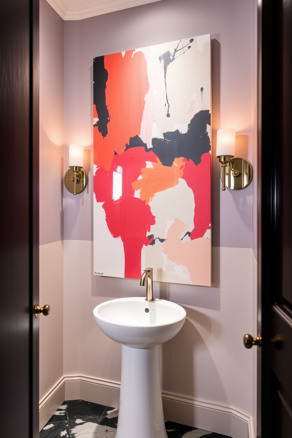 A striking luxury powder room featuring bold artwork as the focal point. The walls are adorned with an oversized abstract painting that adds a vibrant splash of color and personality to the space. The room includes a sleek pedestal sink with a modern faucet that complements the artistic theme. Elegant sconces flank the artwork, providing warm lighting that enhances the overall ambiance.