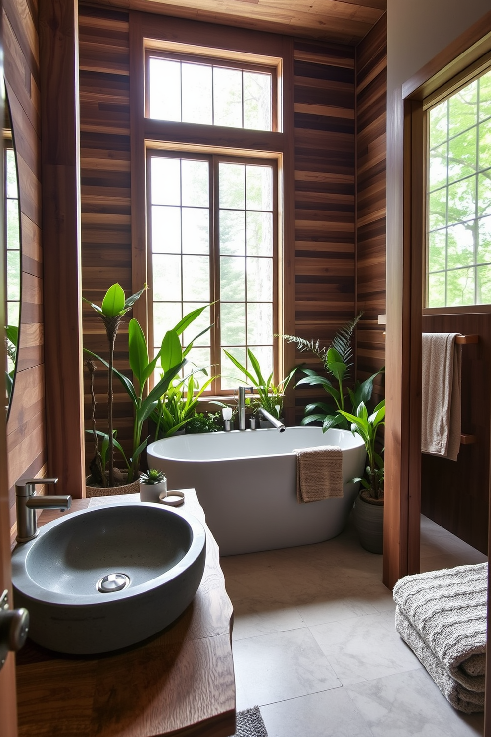 A serene spa-inspired powder room featuring natural wood accents and soft, neutral tones. The space includes a freestanding soaking tub surrounded by plants and a large window that allows natural light to flood in. The vanity is crafted from reclaimed wood with a stone sink and brushed nickel fixtures. Soft towels in earth tones are neatly arranged, and a small succulent adds a touch of greenery to the countertop.