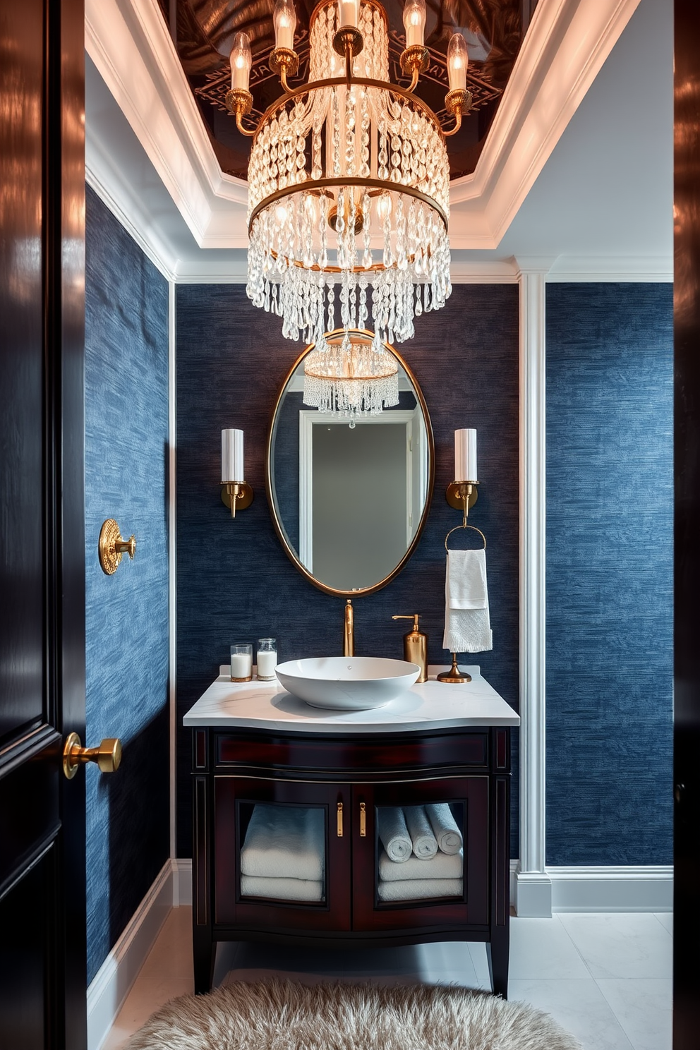 A stunning luxury powder room featuring a crystal chandelier that cascades light elegantly from the ceiling. The walls are adorned with rich, textured wallpaper in a deep jewel tone, complementing the opulent atmosphere. The vanity is crafted from dark wood with a sleek marble top, showcasing a stylish vessel sink. Accents of gold in the fixtures and accessories enhance the room's sophistication, while a plush area rug adds warmth underfoot.