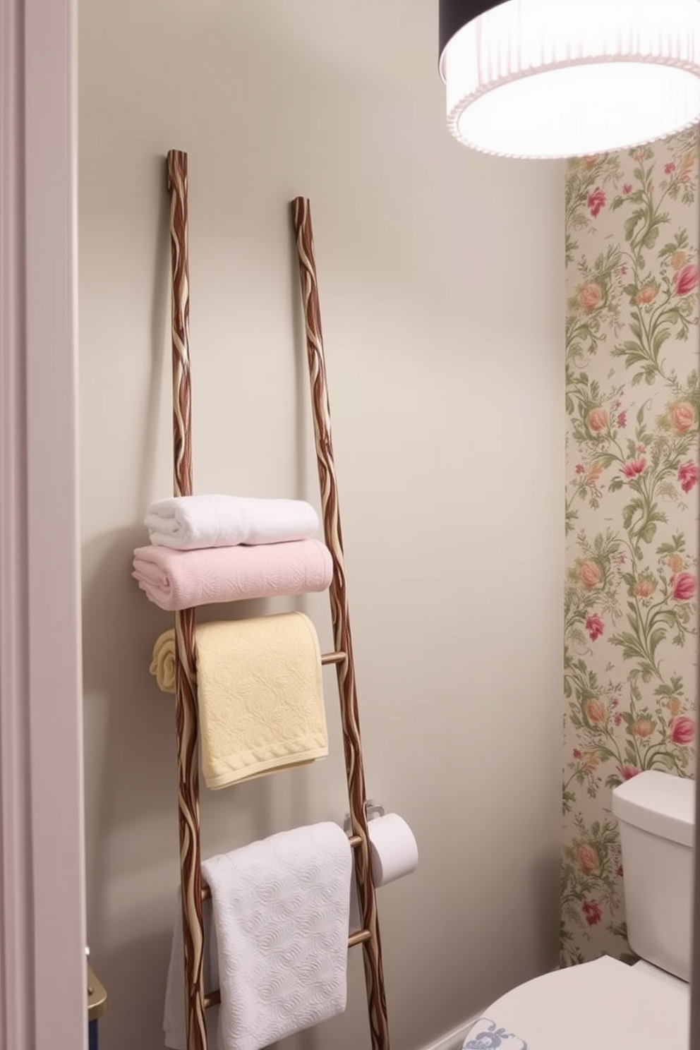 A decorative ladder stands elegantly against the wall, showcasing neatly folded towels in soft pastel colors. The powder room features a stunning wallpaper with a floral pattern, complemented by a chic pendant light that adds warmth to the space.