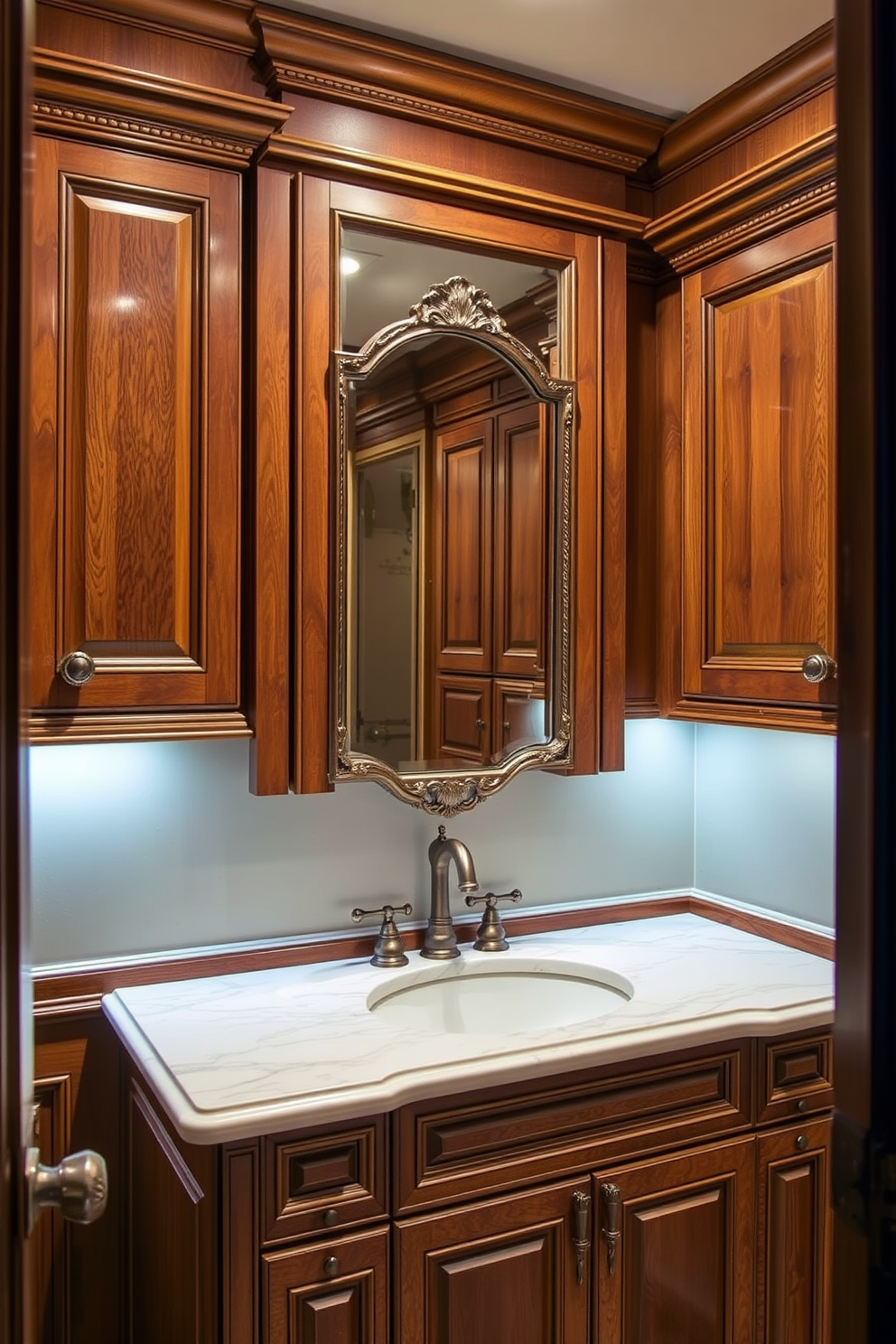 Custom cabinetry with elegant finishes creates a luxurious atmosphere. The powder room features intricate woodwork and polished hardware that enhance its sophistication. Soft lighting illuminates the space, highlighting the rich textures and colors. A chic mirror with a decorative frame adds a touch of glamour to the overall design.