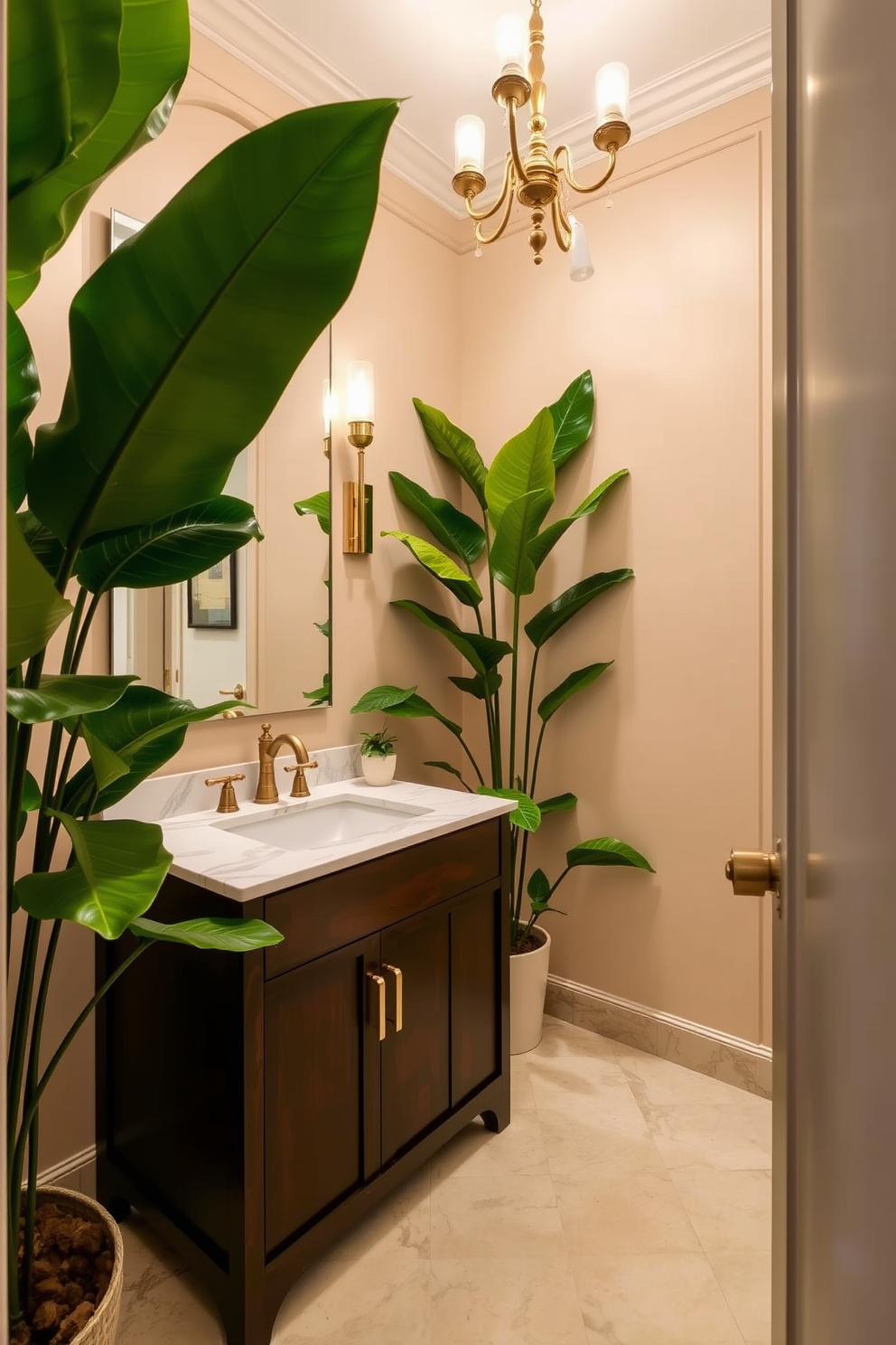 A luxurious powder room adorned with lush greenery creates a refreshing atmosphere. The walls are painted in a soft beige, complemented by a sleek dark wood vanity with a white marble sink. Large leafy plants are strategically placed in the corners, adding a vibrant touch to the space. Elegant lighting fixtures hang above the vanity, casting a warm glow over the room.