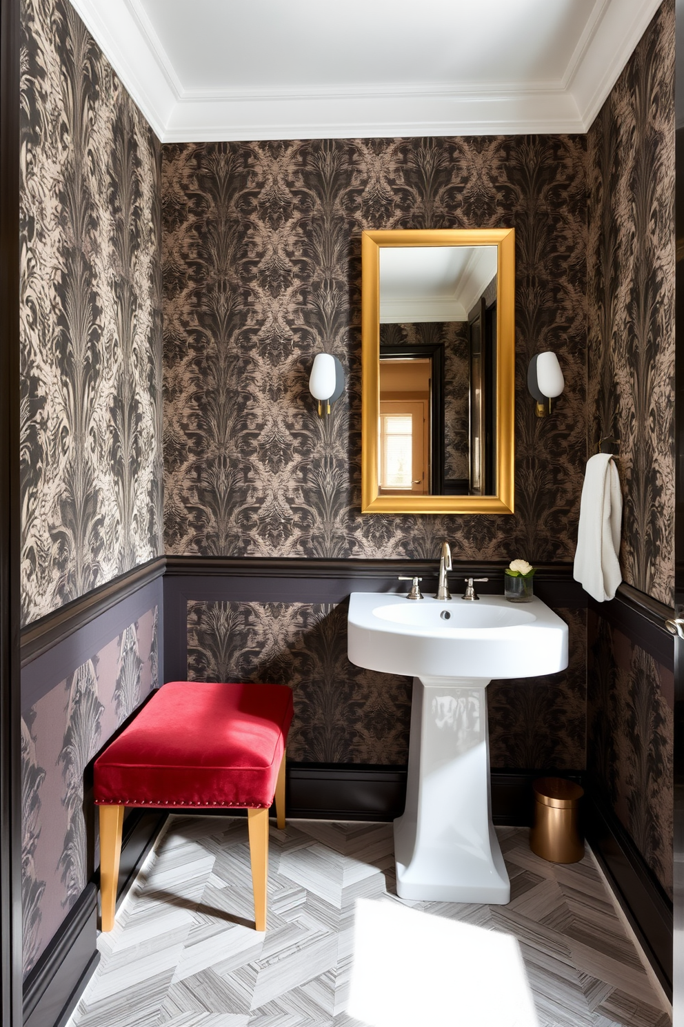 Chic wallpaper featuring bold patterns adorns the walls of a luxurious powder room. The space is enhanced by a sleek pedestal sink with a modern faucet and a stylish mirror framed in brushed gold. A plush velvet bench sits elegantly against one wall, providing a cozy spot for guests. The flooring is a glossy herringbone pattern, adding depth and sophistication to the overall design.