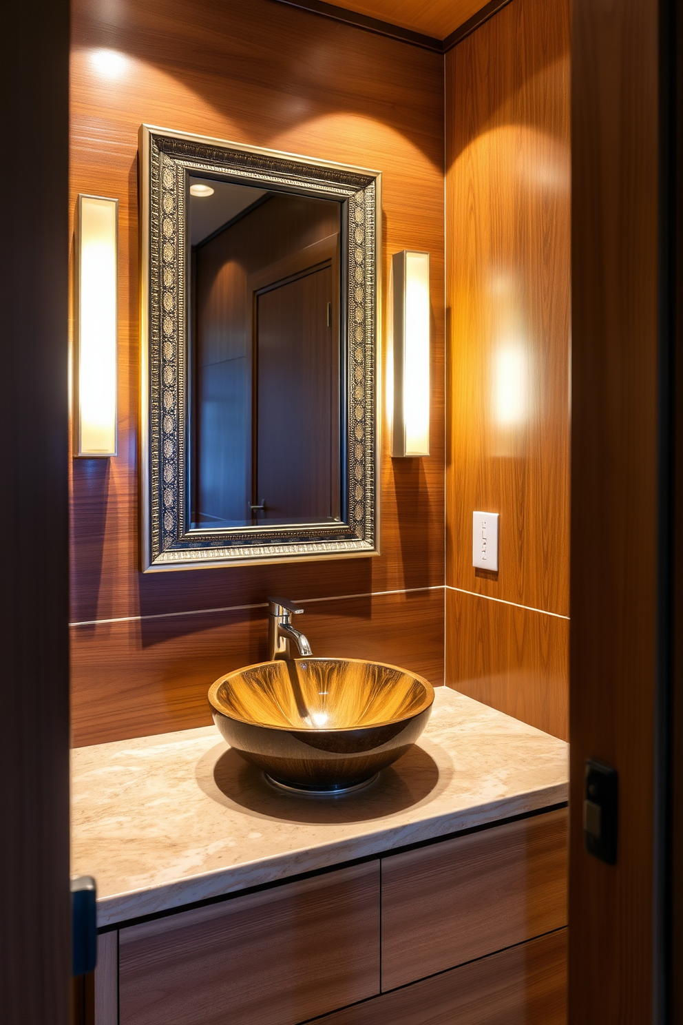 A luxury powder room featuring warm wood tones that create an inviting atmosphere. The space includes a sleek wooden vanity with a polished stone countertop and an elegant vessel sink. Soft ambient lighting highlights the rich textures of the wood and complements the carefully chosen decor. A framed mirror with a decorative border hangs above the vanity, enhancing the room's sophistication.