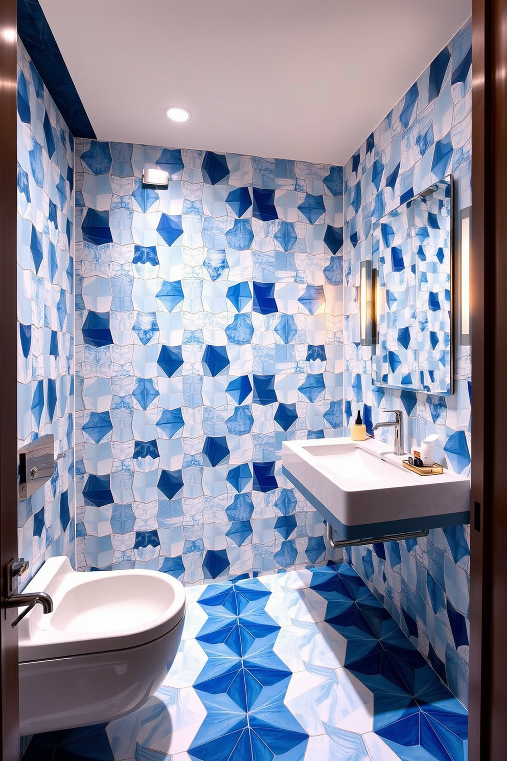 A luxury powder room features unique geometric tiles that create a striking visual impact. The tiles in varying shades of blue and white are arranged in a bold pattern that adds modern flair to the space. The room is accented with sleek fixtures and a floating vanity that enhances the contemporary aesthetic. Soft ambient lighting highlights the intricate tile work while providing a warm and inviting atmosphere.