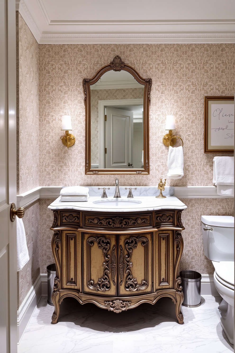 Elegant washstand with vintage charm. The washstand features intricate carvings and a distressed finish, complemented by a polished marble top. Luxury powder room design ideas. Soft lighting illuminates the space, highlighting the rich textures of the wallpaper and plush towels.