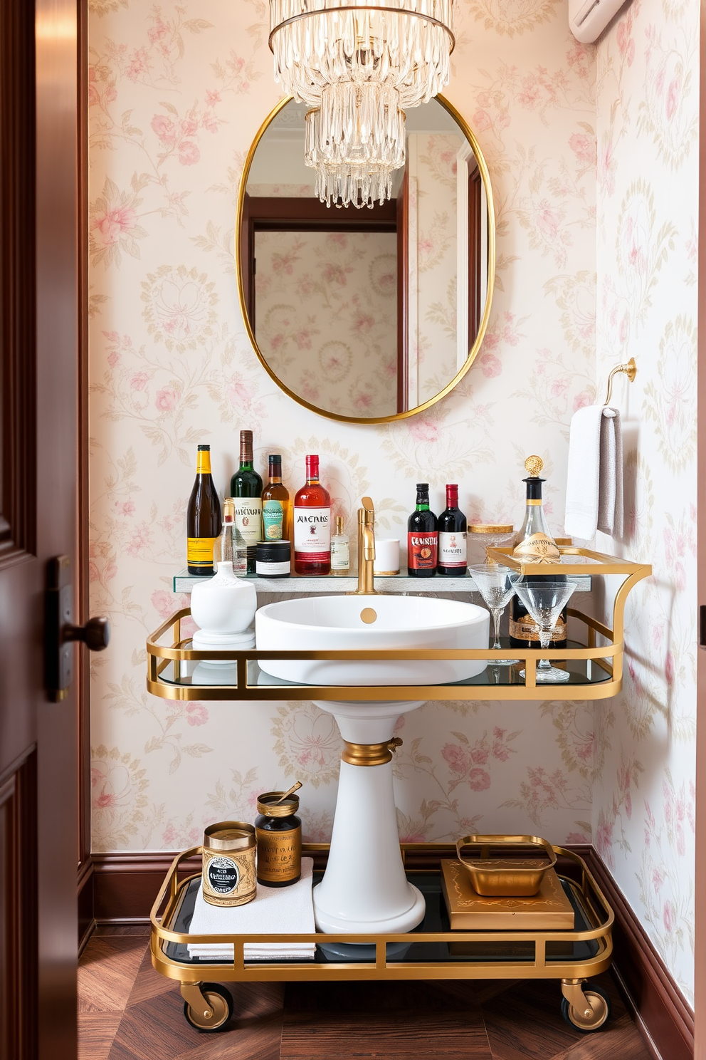 A stylish bar cart for entertaining guests. The cart is made of polished brass with glass shelves, adorned with an array of premium spirits and elegant glassware. Luxury powder room design ideas. The space features a chic pedestal sink with a vintage faucet, complemented by a floral wallpaper in soft pastels and a statement chandelier above.