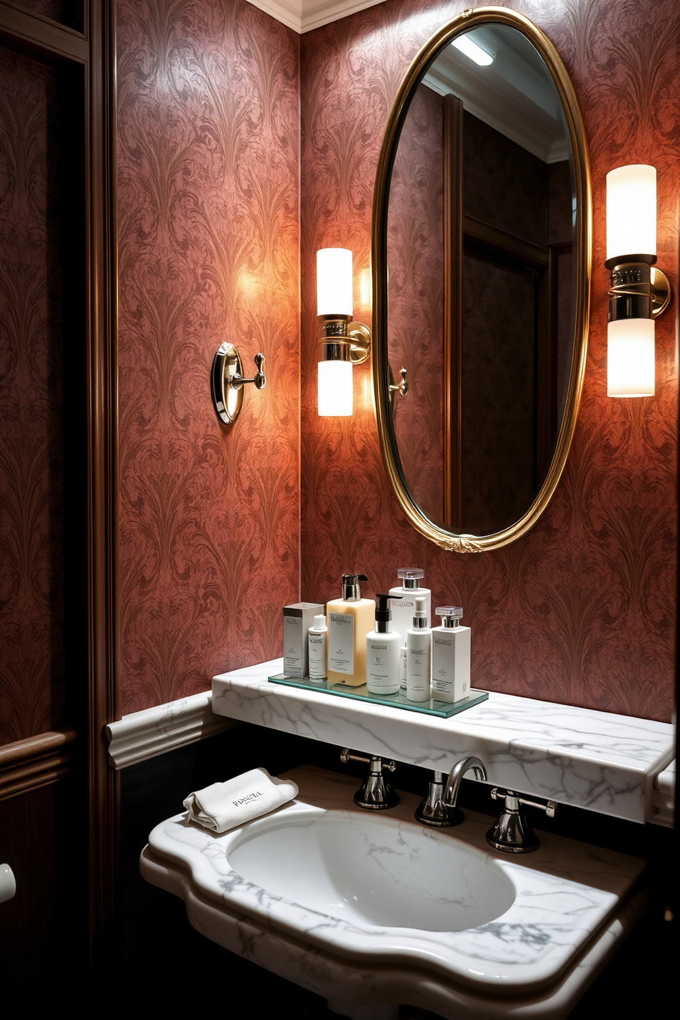 A luxurious powder room featuring elegant bath products artfully arranged on a marble shelf. Soft ambient lighting highlights the textures of the products, creating an inviting and opulent atmosphere. The walls are adorned with rich wallpaper in a deep hue, complementing the polished fixtures. A stylish mirror with ornate detailing reflects the exquisite arrangement of bath essentials, enhancing the overall sophistication of the space.