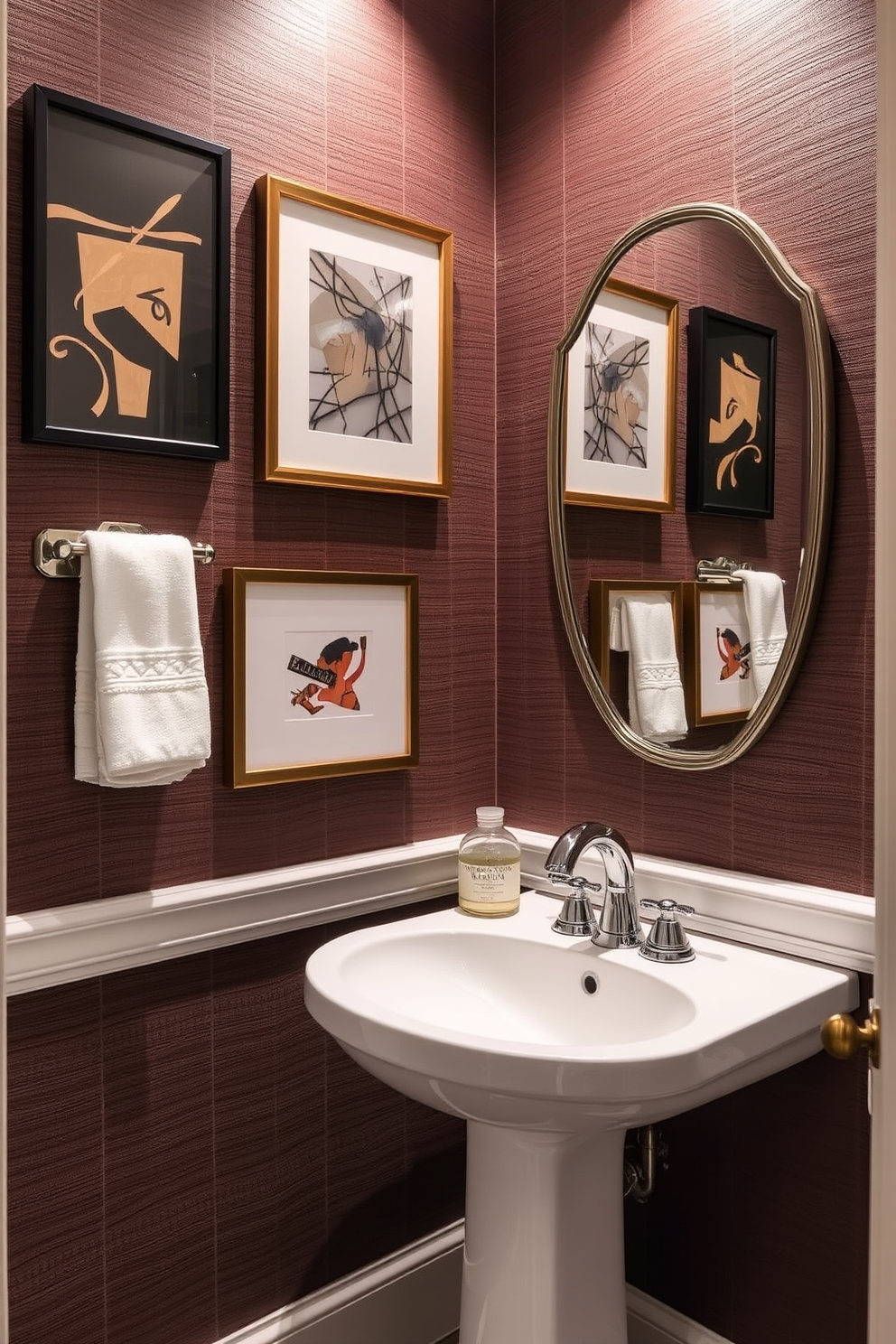 Framed art prints adorn the walls, adding a personal touch to the luxury powder room. The prints feature a curated selection of abstract designs that complement the room's elegant color palette. The powder room boasts a sleek pedestal sink with a polished chrome faucet. Richly textured wallpaper in a deep hue creates a sophisticated backdrop for the stylish decor.