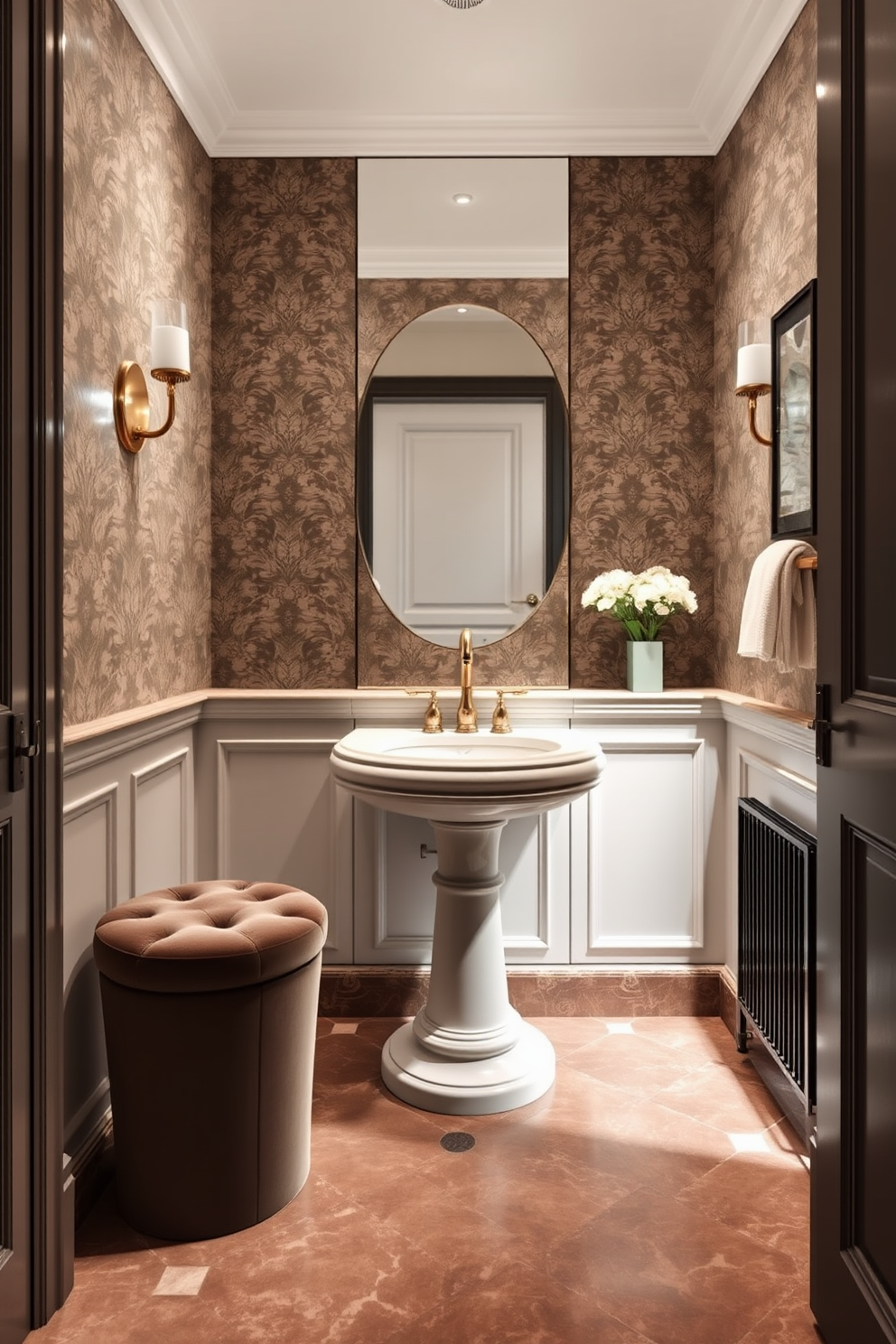 A luxury powder room featuring a statement faucet that serves as the focal point of the space. The walls are adorned with elegant wallpaper, and the floor is covered in rich marble tiles, enhancing the overall sophistication. A stylish pedestal sink complements the faucet, while a plush velvet stool adds a touch of comfort. Soft lighting illuminates the room, creating an inviting atmosphere perfect for guests.