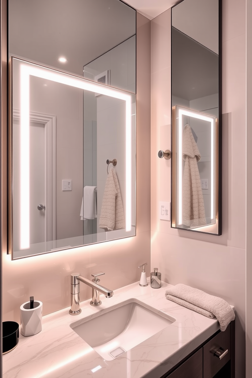 A luxury powder room features integrated lighting within the mirror design, creating an inviting and sophisticated ambiance. The sleek mirror is framed with warm LED lights that enhance the room's elegance and functionality. The powder room showcases high-end finishes, including a stylish vanity with a polished marble top. Complementing the design are unique fixtures and plush textiles that elevate the overall aesthetic.