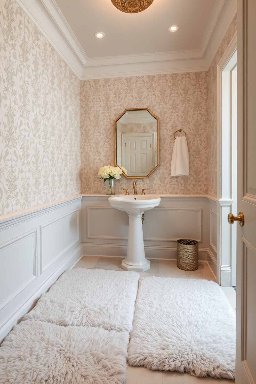 A luxury powder room featuring soft, plush rugs that provide comfort underfoot. The walls are adorned with elegant wallpaper in a subtle pattern, complemented by a chic pedestal sink and a stylish mirror that enhances the space.