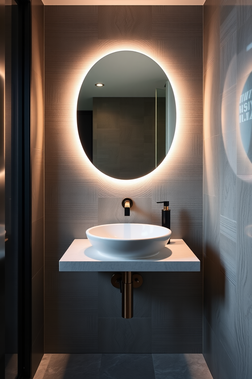 A sleek floating sink is mounted on a wall with ambient lighting highlighting its elegant design. The powder room features rich textures and a calming color palette, creating a luxurious atmosphere.