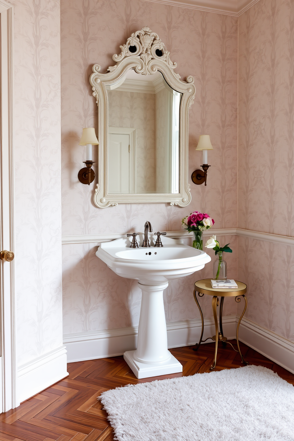 Elegant pedestal sink with classic design. The walls are adorned with soft pastel wallpaper, creating a serene atmosphere. A vintage-style mirror with intricate detailing is mounted above the sink. The floor features elegant herringbone hardwood, adding warmth to the space. Delicate sconces on either side of the mirror provide soft lighting. A plush area rug in muted tones complements the overall aesthetic. Fresh flowers in a tasteful vase sit on a small side table nearby. The overall design exudes sophistication and timeless elegance.