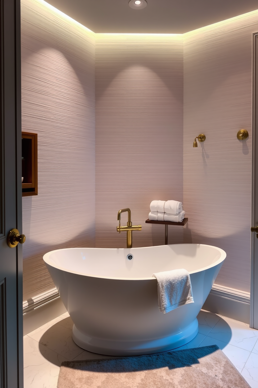 A luxurious freestanding tub is elegantly positioned in the corner of the powder room, surrounded by soft ambient lighting that enhances the serene atmosphere. The walls are adorned with textured wallpaper in a subtle shade, creating a backdrop that complements the opulent design. The tub features a sleek, modern faucet with a brushed gold finish, adding a touch of sophistication to the space. Plush towels are neatly arranged on a nearby wooden shelf, and a stylish rug lies beneath the tub, inviting relaxation and comfort.