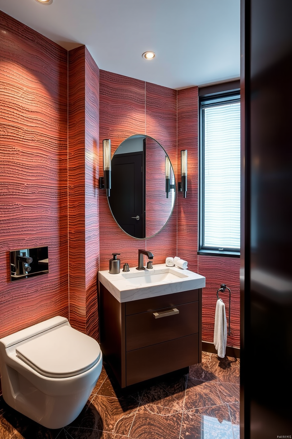 Textured wall panels create a striking visual effect in a luxury powder room. The elegant combination of rich colors and intricate patterns enhances the overall ambiance, making it a perfect space for relaxation and style. Incorporate sleek fixtures and a stylish vanity to complement the textured walls. Soft lighting fixtures can further elevate the luxury feel, casting a warm glow throughout the room.