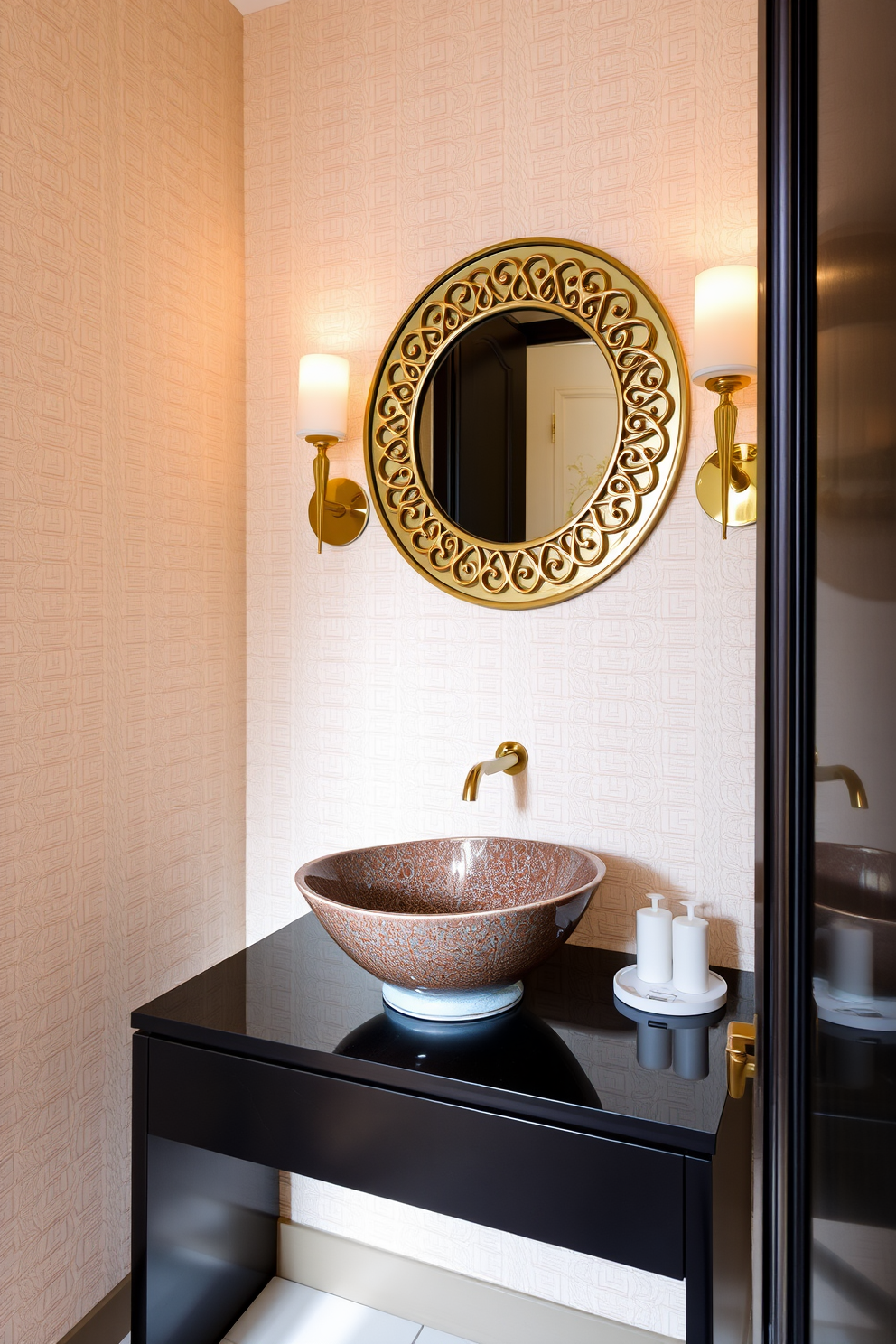 Artistic vessel sink with a unique shape sits atop a sleek black vanity. The walls are adorned with textured wallpaper in a soft cream color, creating an elegant backdrop. A large round mirror with an intricate gold frame reflects the stunning design. Ambient lighting from stylish sconces enhances the luxurious atmosphere of the powder room.