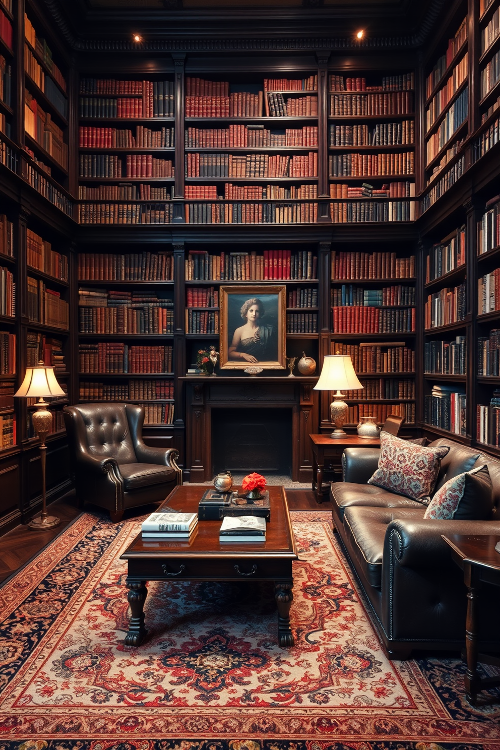 An elegant dark wood library features floor-to-ceiling bookshelves filled with an extensive collection of books. Plush seating arrangements, including a large leather armchair and a cozy sofa, create a warm and inviting atmosphere. Soft lighting from antique-style lamps illuminates the rich wood tones and adds a touch of sophistication. A large, ornate rug anchors the space, while a wooden coffee table holds a selection of classic literature and decorative items.