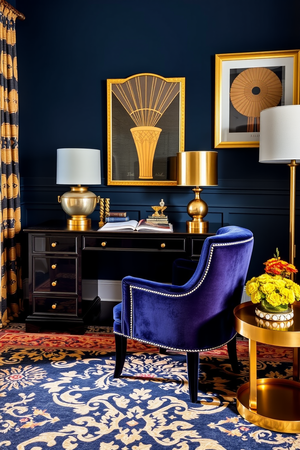 Art deco inspired study featuring bold geometric patterns and rich materials. The room is adorned with a dark wood desk, complemented by a plush velvet chair in a deep jewel tone. Gold accents are present throughout, including a stylish lamp and decorative wall art. The walls are painted in a rich navy blue, and the floor is covered with a luxurious area rug showcasing intricate designs.