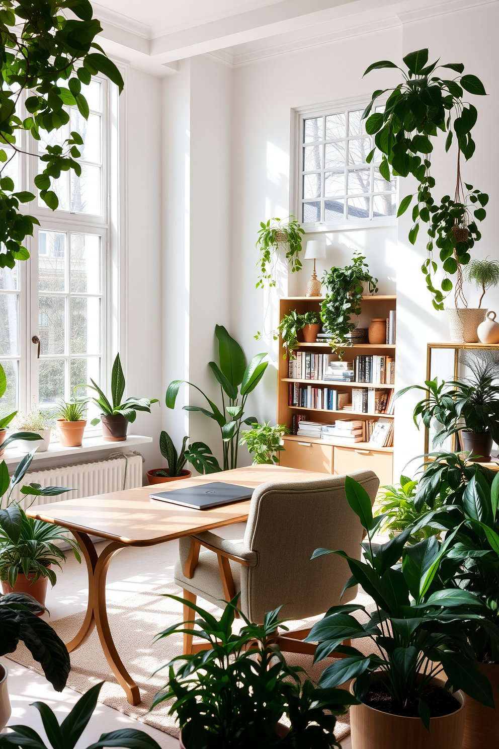 Bright airy space with indoor plants. Large windows allow natural light to flood the room, highlighting the lush greenery of various potted plants scattered throughout. The walls are painted in a soft white, creating a serene backdrop for the elegant wooden desk and plush chair. A stylish bookshelf filled with books and decorative items adds character to the space while maintaining a clean and organized look.